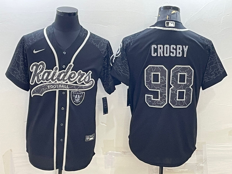 Men's Las Vegas Raiders #98 Maxx Crosby Black Reflective With Patch Cool Base Stitched Baseball Jersey